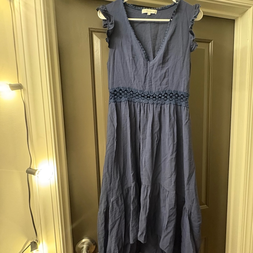 V-Neck Midi Dress with Crochet Waist in Slate Blue